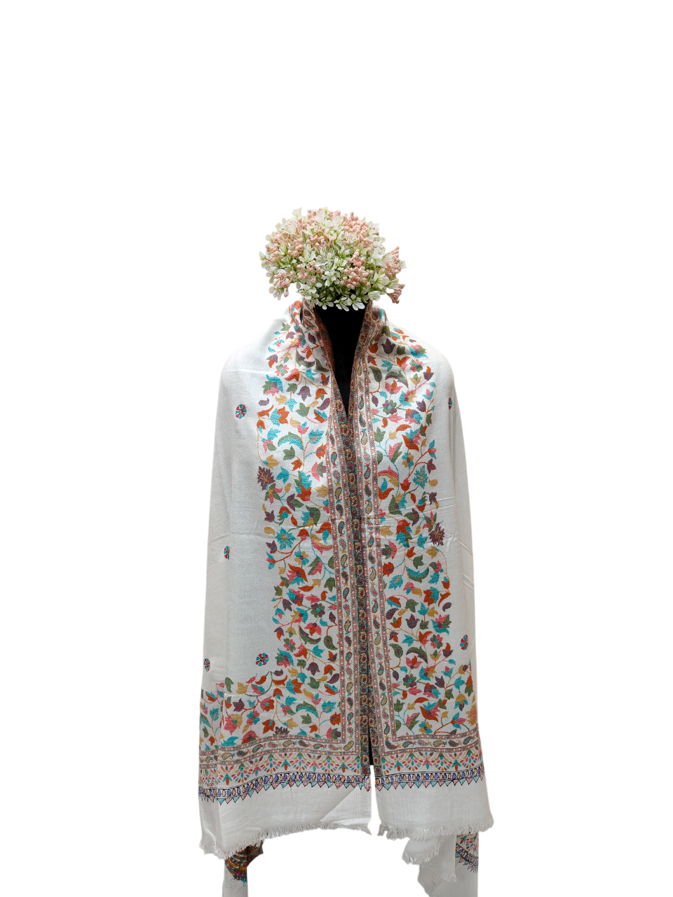 Exquisite Handpainted Madhubani Pashmina Shawl on White